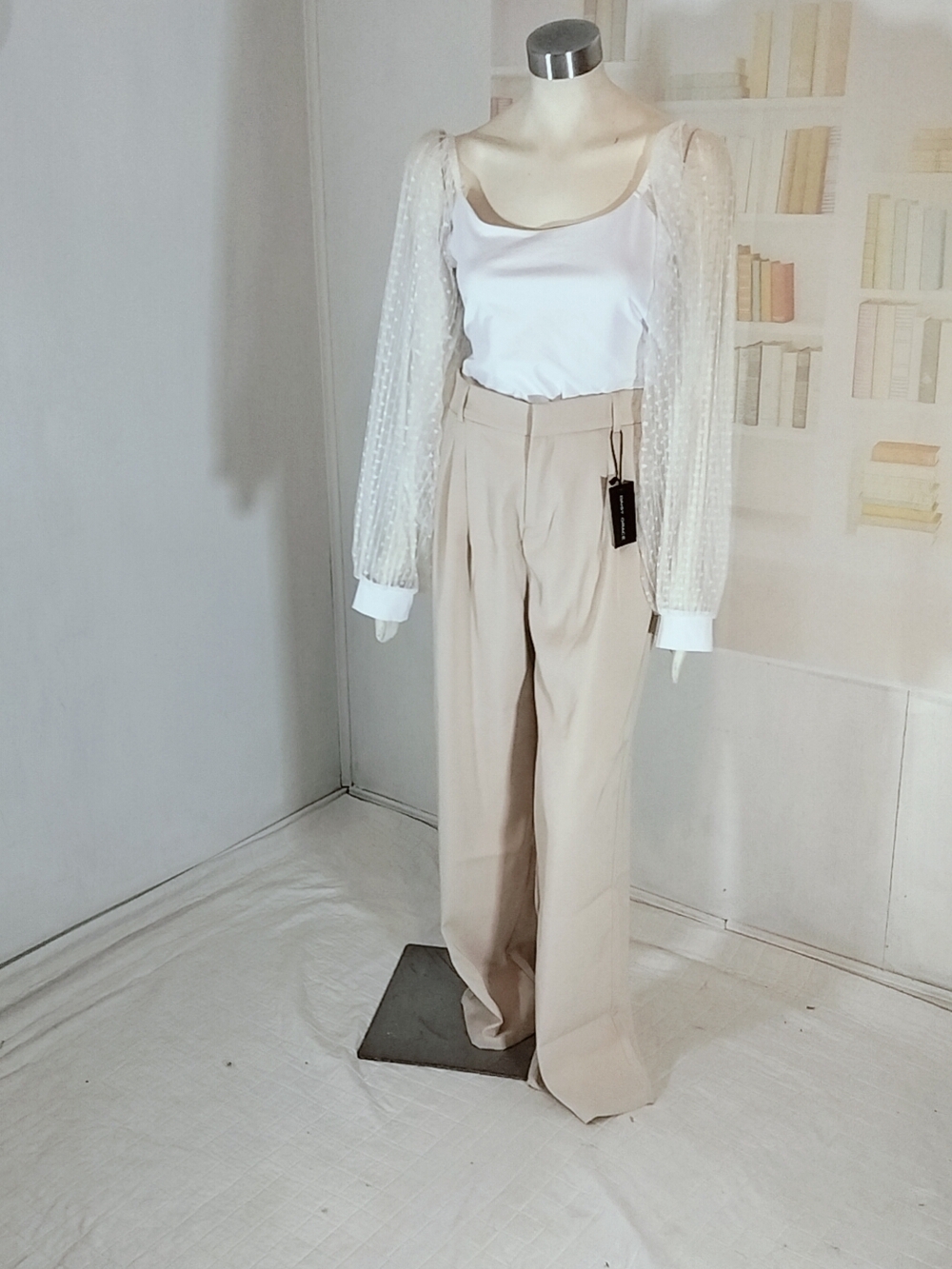 Wide Leg High-Rise Jeans in Beige Dress Blouse